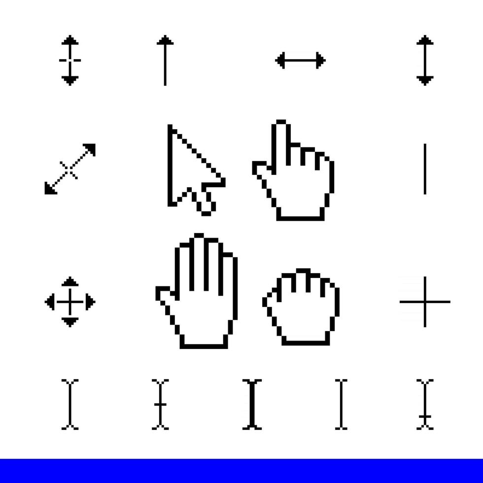 17 klassieke pixel corsor pictogramserie. pijl, hand, sleep hand, palm en ondersteuning cursors iconen vector illustratie