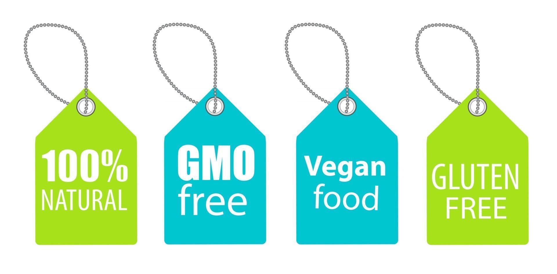 ggo-vrij, 100 natuurlijke, veganistische voedsel- en glutenlabelset vector