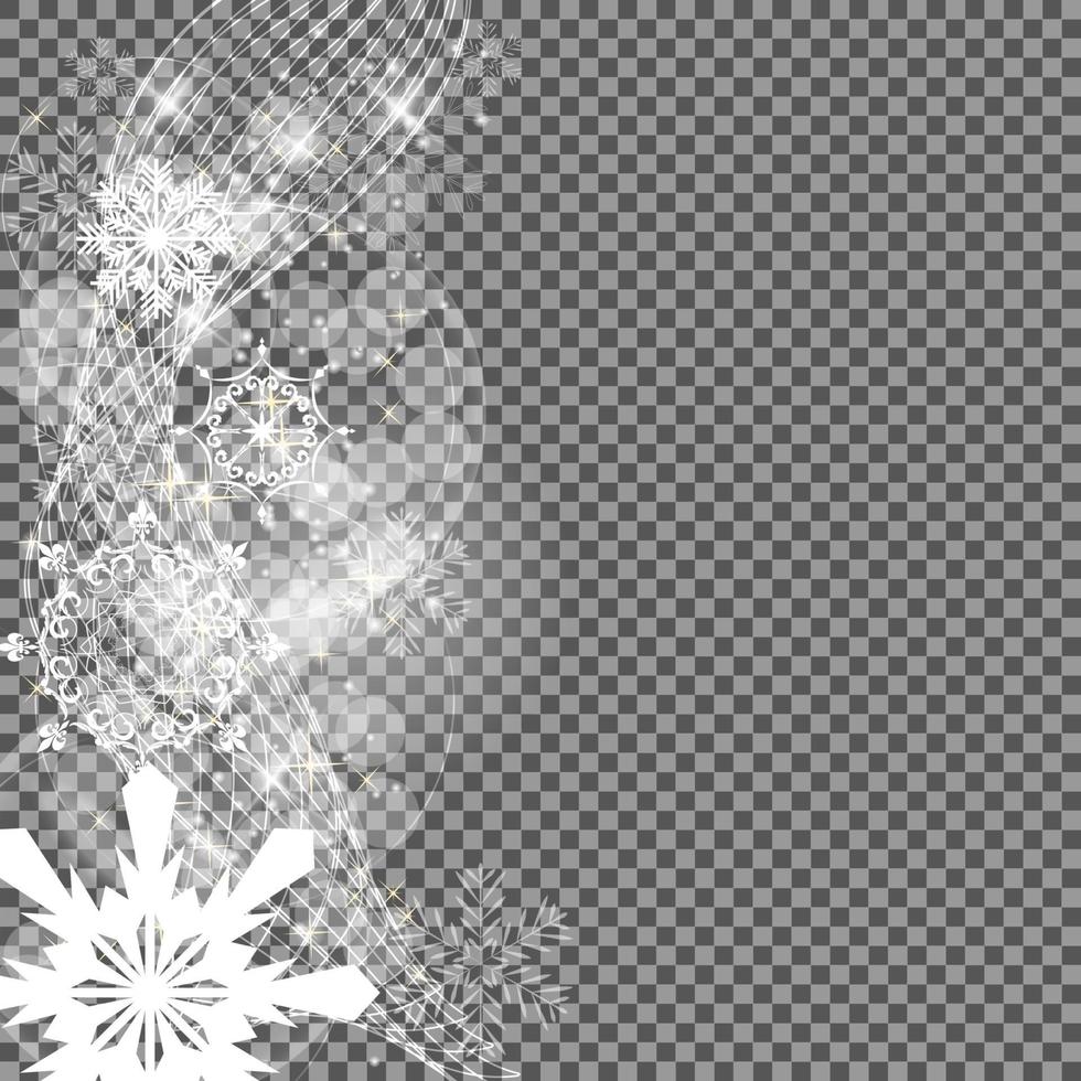 vallende glanzende sneeuwvlokken en sneeuw op transparante achtergrond. Kerstmis, winter en nieuwjaar achtergrond. realistische vectorillustratie voor uw ontwerp vector