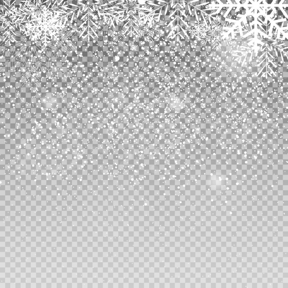 vallende glanzende sneeuwvlokken en sneeuw op transparante achtergrond. Kerstmis, winter en nieuwjaar achtergrond. realistische vectorillustratie voor uw ontwerp vector