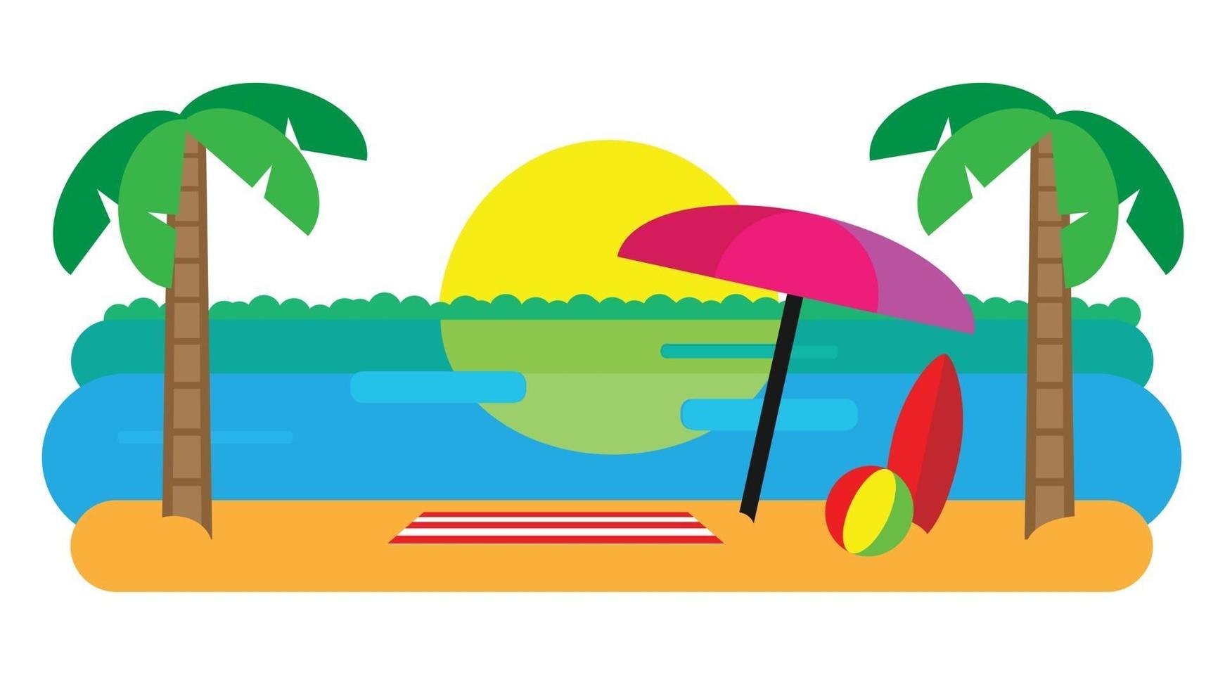 strandlandschap met parasol, mat, surfplank en een bal. zonsondergang strand landschap. platte ontwerp vectorillustratie. vector