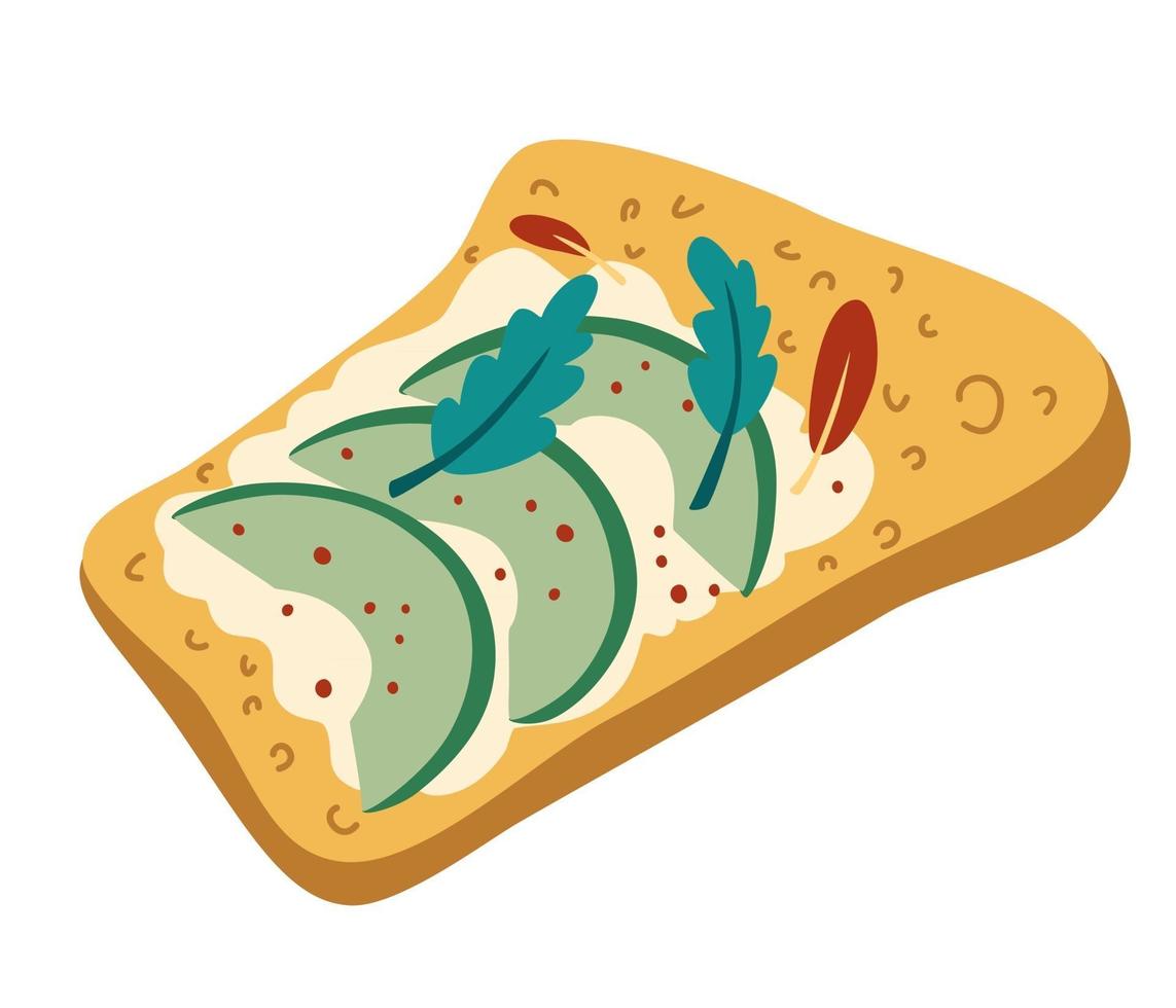 avocado-toast. gezond ontbijt. geroosterd brood met avocado en kwark en kruiden. heerlijke avocadosandwich. vegetarisch eten. hand getekende vectorillustratie. vector