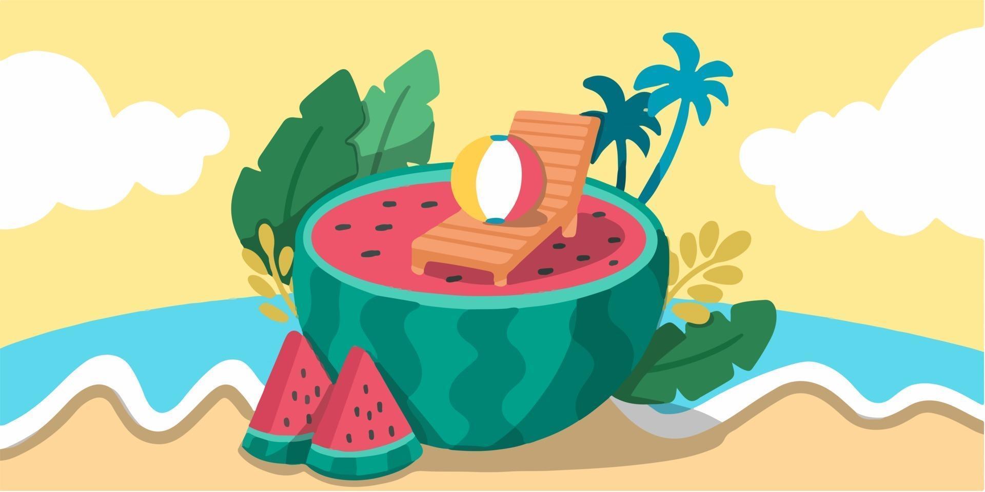 fruitige sappige watermeloen op de strandkrabbelillustratie vector