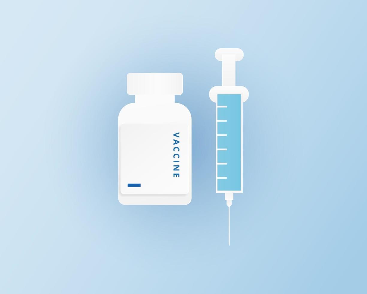 medische spuit met vaccin in papierstijl. vaccin concept geïsoleerd op blauwe achtergrond. vectorillustratie. vector