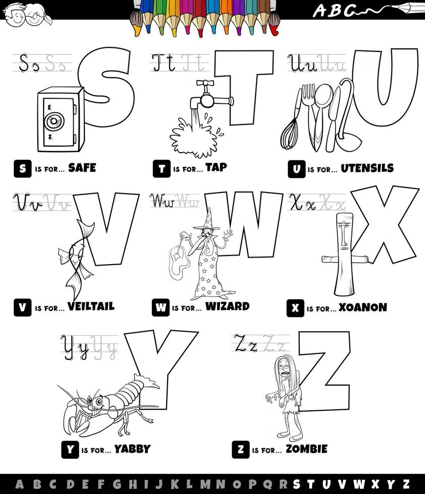 educatieve cartoon alfabet ingesteld van s tot z kleurboekpagina vector