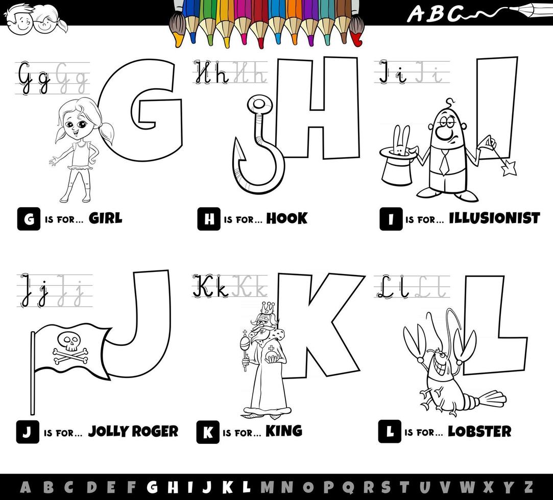 educatieve cartoon Alfabetletters ingesteld van g tot l boekenpagina in kleur vector