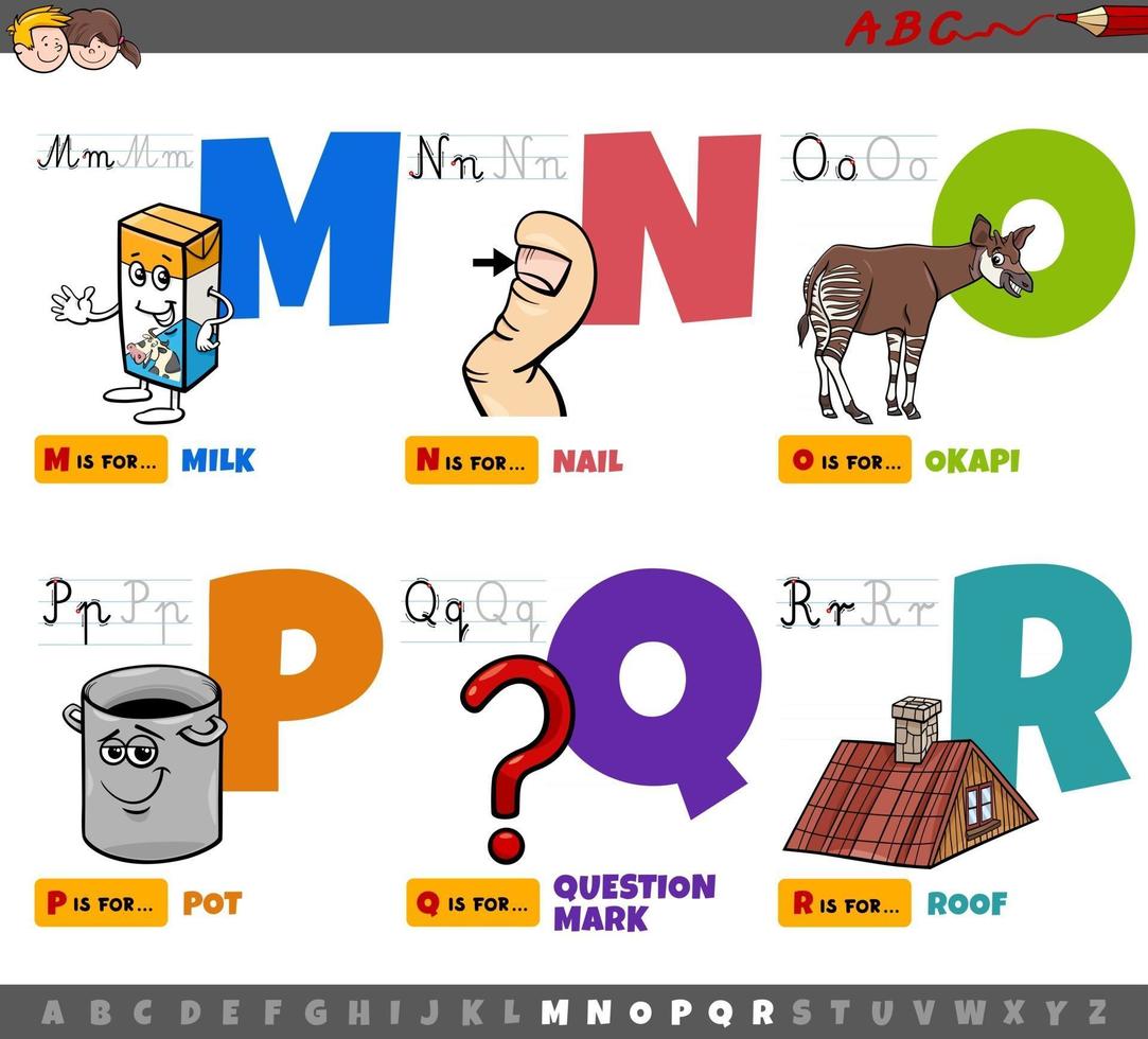 educatieve cartoon Alfabetletters voor kinderen van m tot r vector