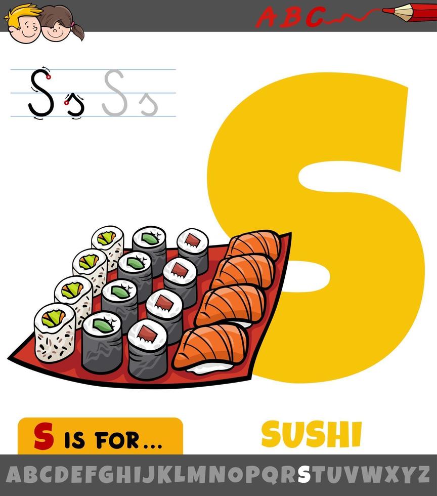 letter s werkblad met cartoon sushi-voedselobjecten vector