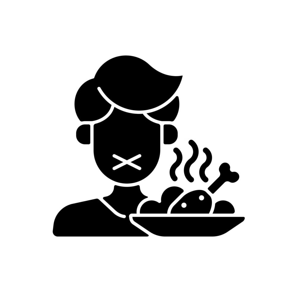 verlies van eetlust zwart glyph-pictogram. beperking in voedsel voor dieet. symptoom van een zonnesteek. anorexia teken, gebrek aan honger. man weigert maaltijd. silhouet symbool op witte ruimte. vector geïsoleerde illustratie