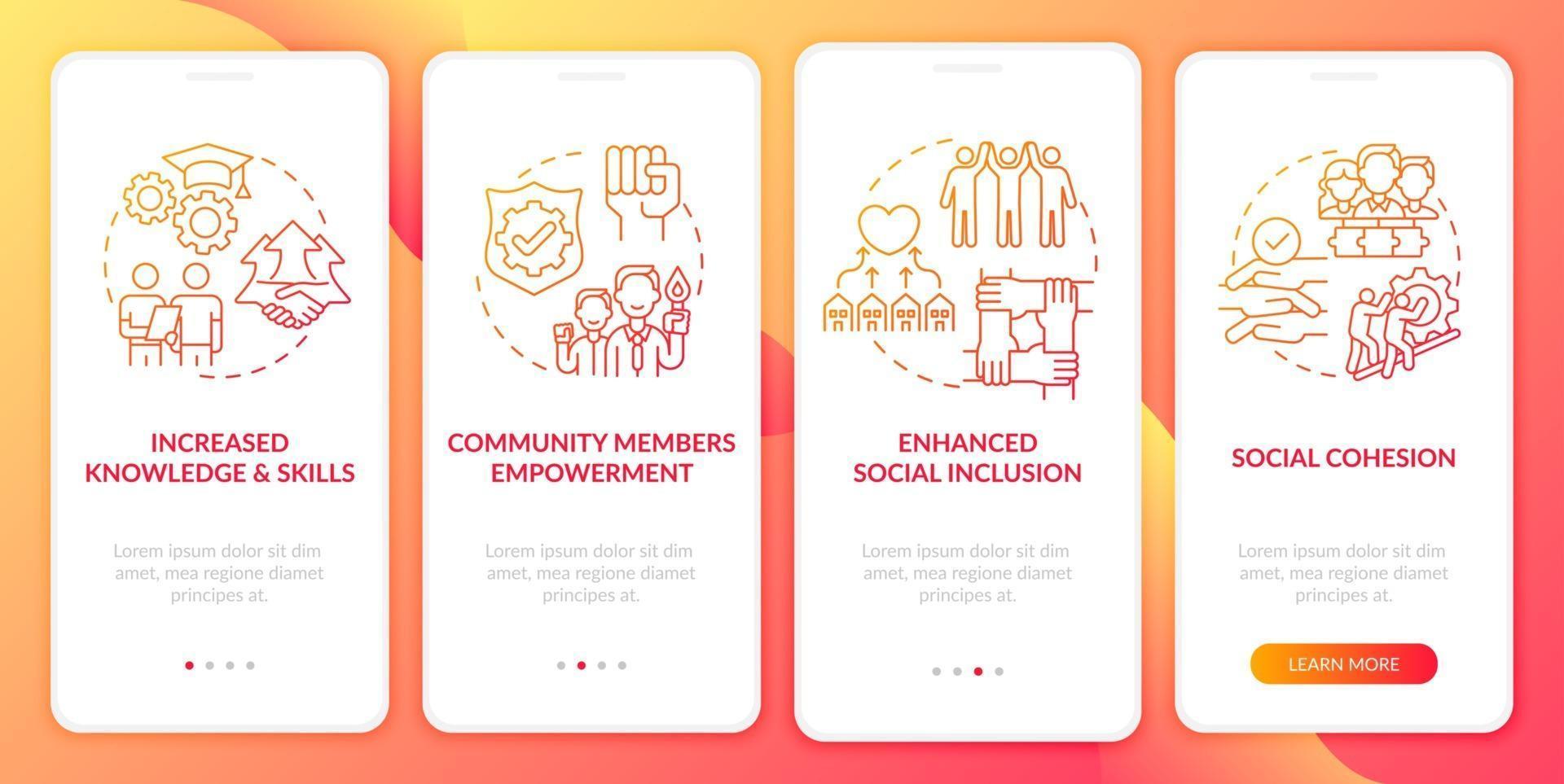 bevolkingsgroei komt ten goede aan het onboarding-paginascherm van de mobiele app met concepten. community empowerment walkthrough 4 stappen grafische instructies. ui, ux, gui vectorsjabloon met lineaire kleurenillustraties vector