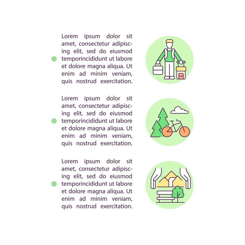 toerisme ontwikkelingsconcept lijn pictogrammen met tekst. ppt vector paginasjabloon met kopie ruimte. brochure, tijdschrift, nieuwsbriefontwerpelement. landelijke gemeenschap lineaire illustraties op wit