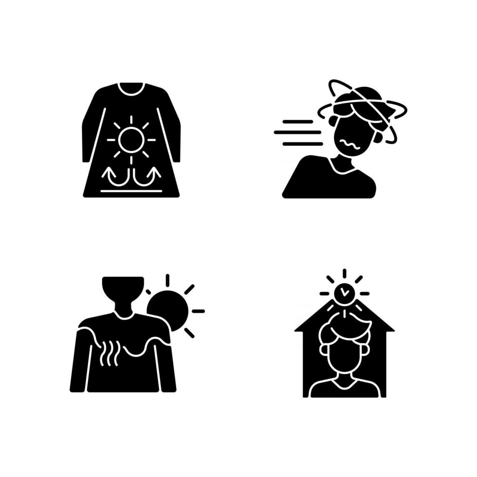 risico op zonnesteek tijdens de zomer zwarte glyph-pictogrammen op witruimte. lange mouwen en losse kleding. zonnebrand in de zomer. blijf binnen tijdens hitte. silhouet symbolen. vector geïsoleerde illustratie