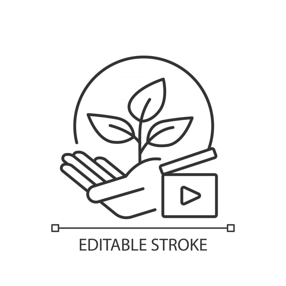 milieubewustzijn video's lineaire pictogram. opnames maken voor campagne voor groen activisme. dunne lijn aanpasbare illustratie. contour symbool. vector geïsoleerde overzichtstekening. bewerkbare streek