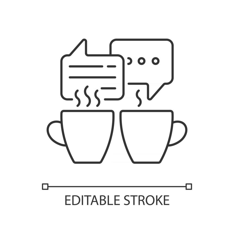 socialiseren lineaire pictogram. vrienden ontmoeten elkaar bij de koffie. praten over warme cafédrankjes. dunne lijn aanpasbare illustratie. contour symbool. vector geïsoleerde overzichtstekening. bewerkbare streek