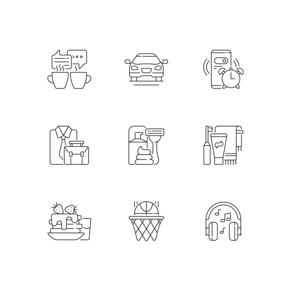 dagelijkse routine lineaire pictogrammen instellen. wekker voor werk. dagelijks ochtend- en avondschema. aanpasbare dunne lijncontoursymbolen. geïsoleerde vectoroverzichtsillustraties. bewerkbare streek vector