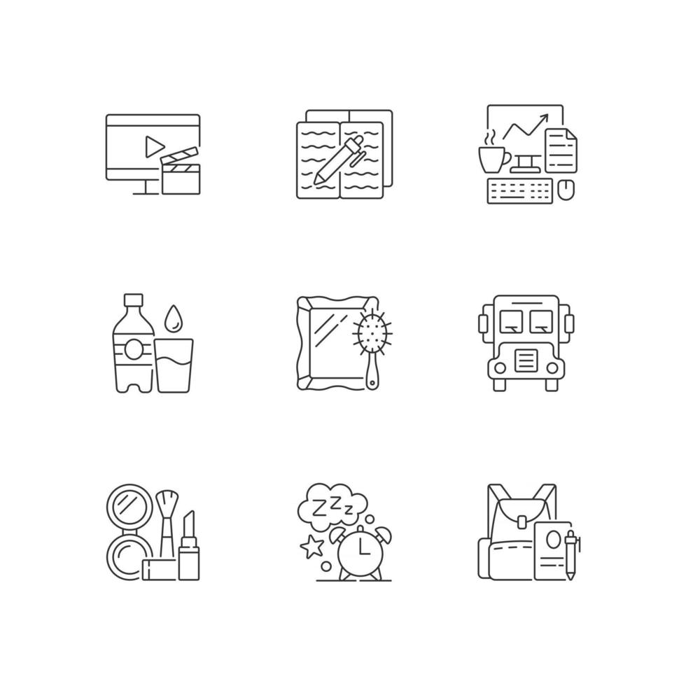 dagelijkse activiteiten lineaire pictogrammen instellen. thuis tv kijken voor entertainment. huiswerk voor school. aanpasbare dunne lijncontoursymbolen. geïsoleerde vectoroverzichtsillustraties. bewerkbare streek vector