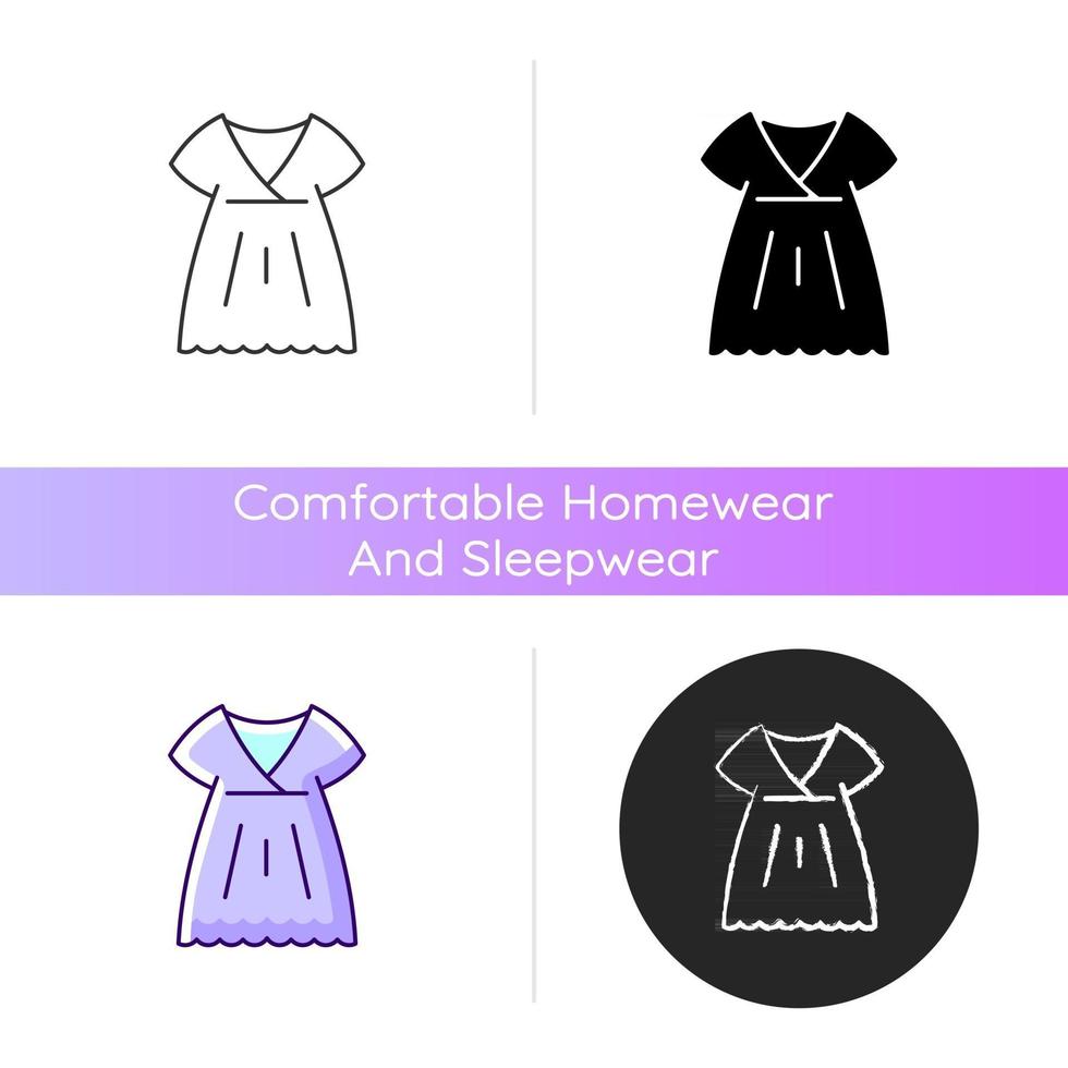 nachtjapon icoon. trendy lange jurk. luxe dameskleding. outfit voor meisjes. zijden slijtage. comfortabele huis- en nachtkleding. lineaire zwarte en rgb-kleurstijlen. geïsoleerde vectorillustraties vector