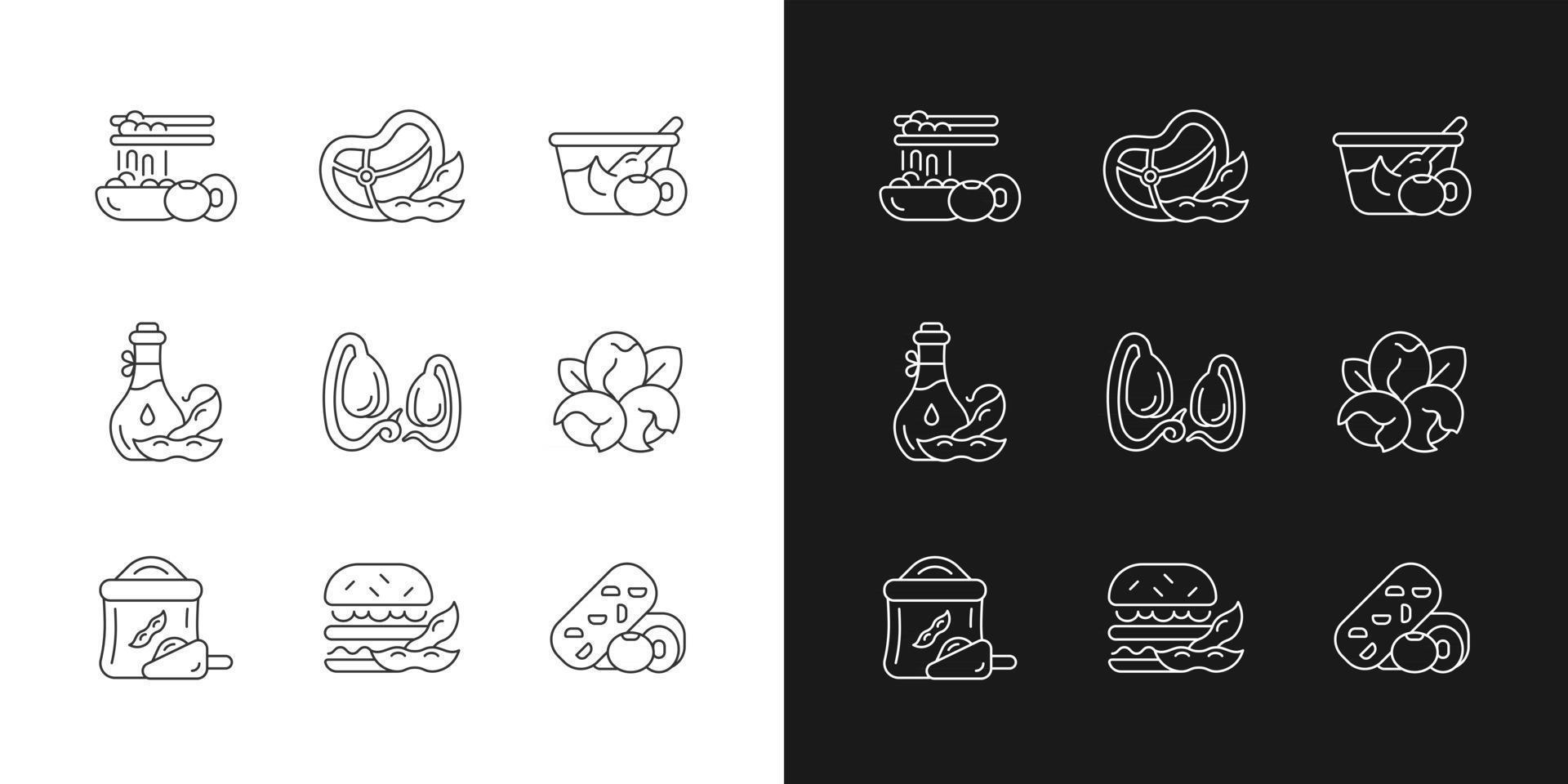 soja planten lineaire pictogrammen instellen voor donkere en lichte modus. biologische groenten telen. gezonde maaltijden bereiden. aanpasbare dunne lijn symbolen. geïsoleerde vectoroverzichtsillustraties. bewerkbare streek vector