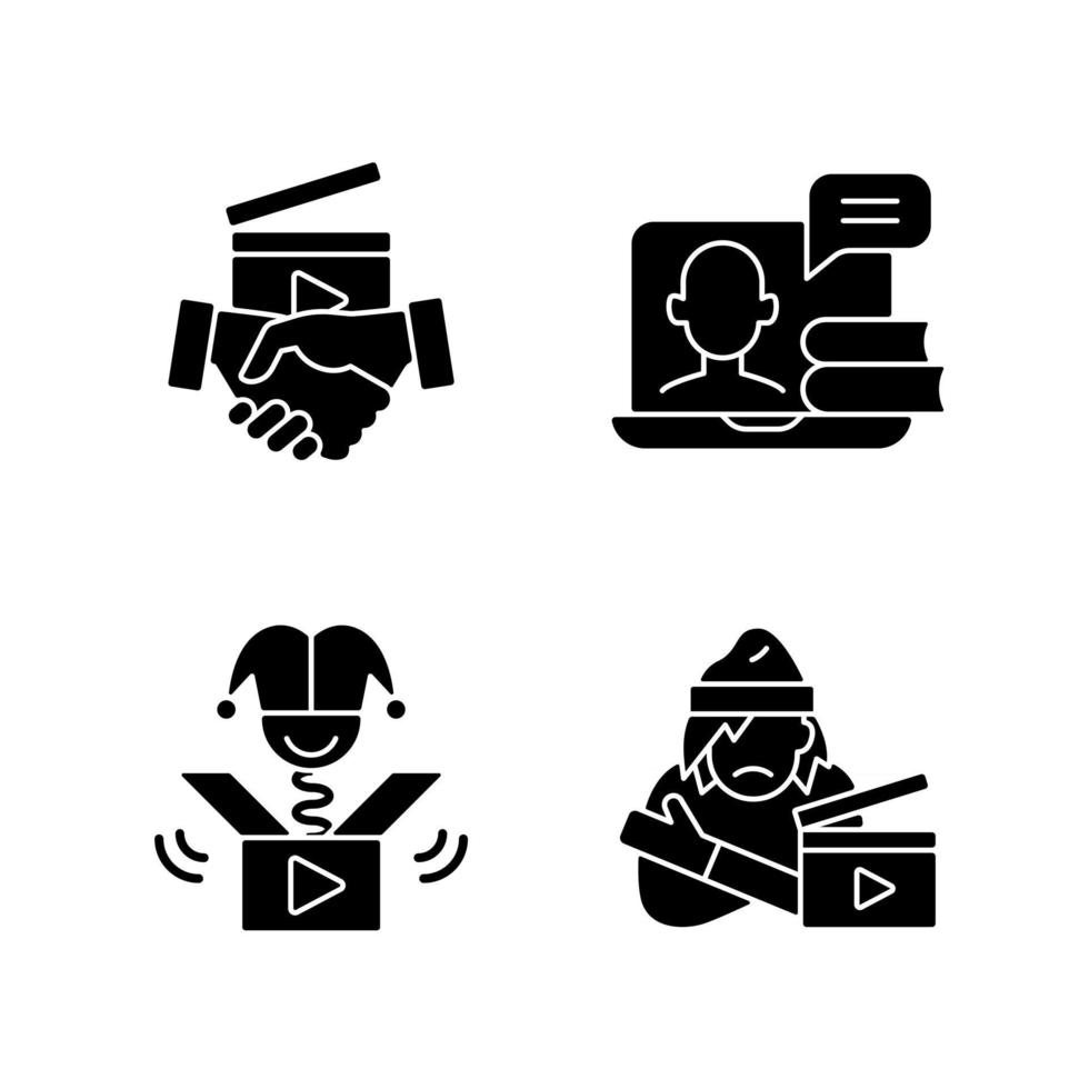 verschillende video zwarte glyph pictogrammen ingesteld op witruimte. zakelijke dienstverlening. online webinar, internetlessen. maatschappelijk bewustzijn. videografie. silhouet symbolen. vector geïsoleerde illustratie