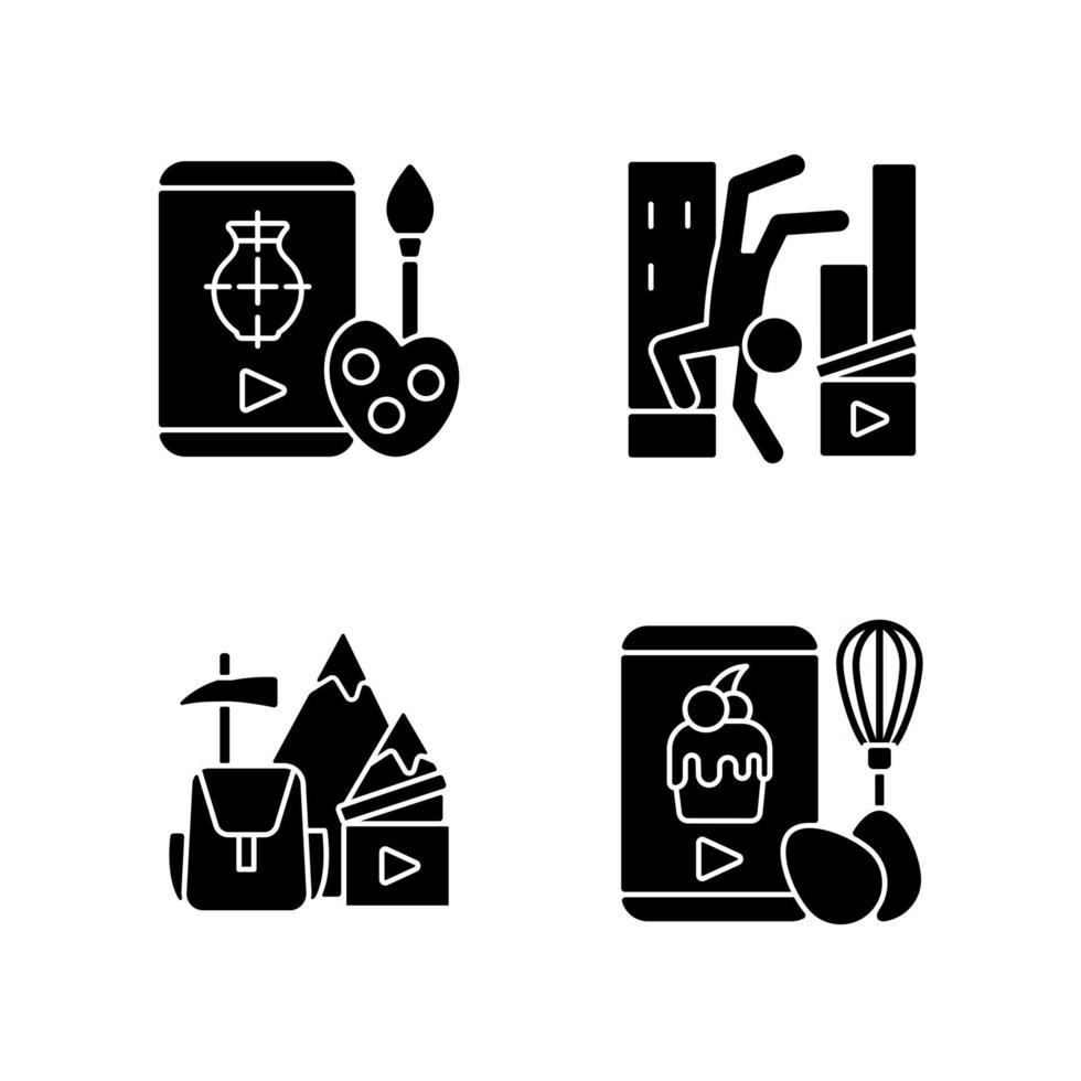 internet video zwarte glyph pictogrammen instellen op witruimte. zelfstudie tekenen. parkour beelden. reis vlog. online kookles. videografie. silhouet symbolen. vector geïsoleerde illustratie