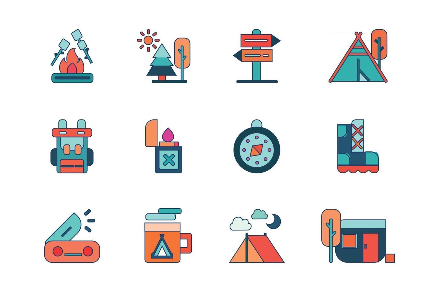 backpacker en camping vakantie concept icon set. gekleurde vulling omtrek lijn stijl pictogram vectorillustratie vector