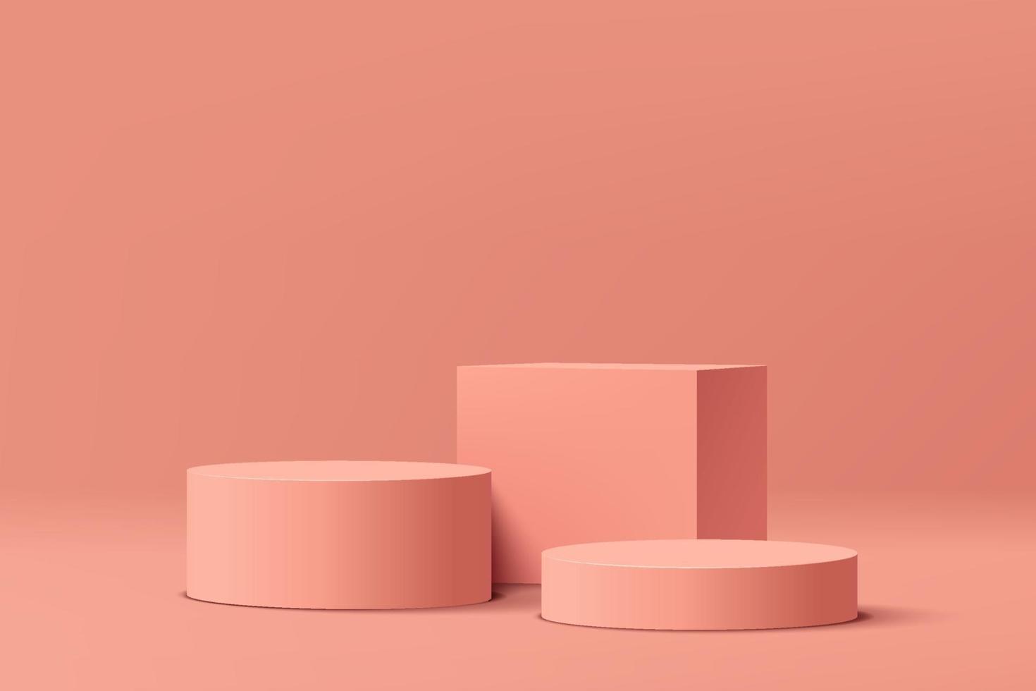 roze koraal geometrisch voetstuk podium. roze minimale muurscène. een modern platform voor de etalage. pastel kleur abstracte kamer. vector rendering 3D geometrische vorm voor product display presentatie.