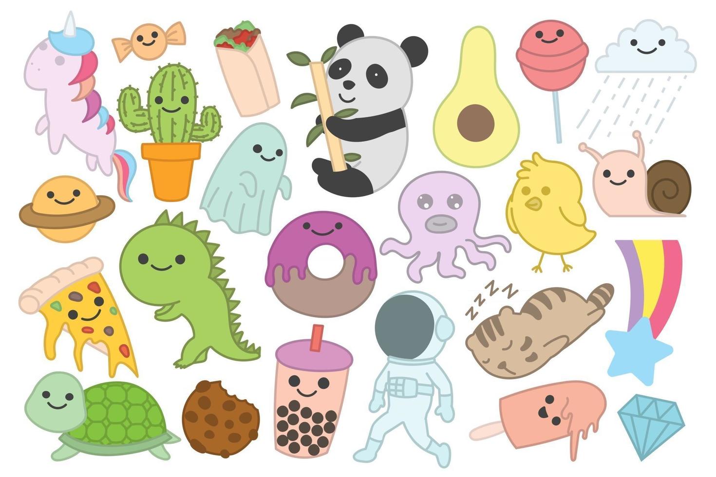 set van schattige doodles, stickers, tekenfilm, kawaii, met de hand getekend vector