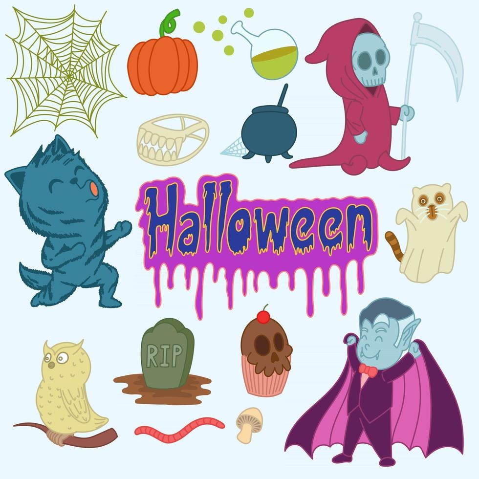 set van schattige halloween-krabbels, stickers, tekenen, tekenfilm, afdrukken, kunst vector