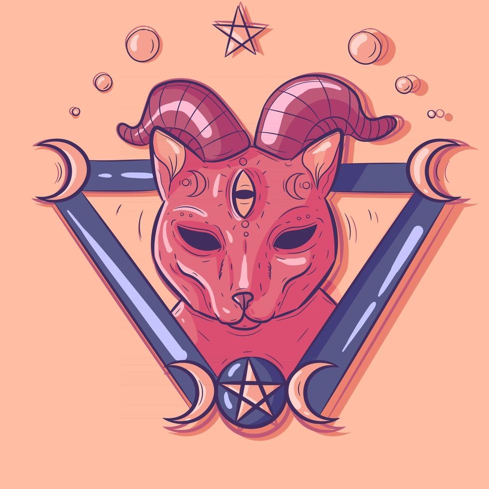 satanische roze kat met demonenhoorns en een derde oog. occult huisdier in een driehoek met manen, sterren en heidense symbolen eromheen. Wicca esoterisch kattenhoofd met magische en heksachtige voorwerpen. vector