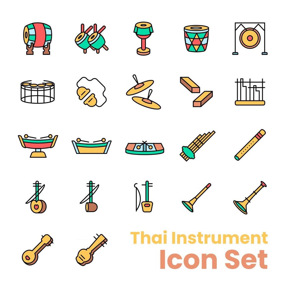 Thaise muziekinstrumenten lineaire iconen set vector