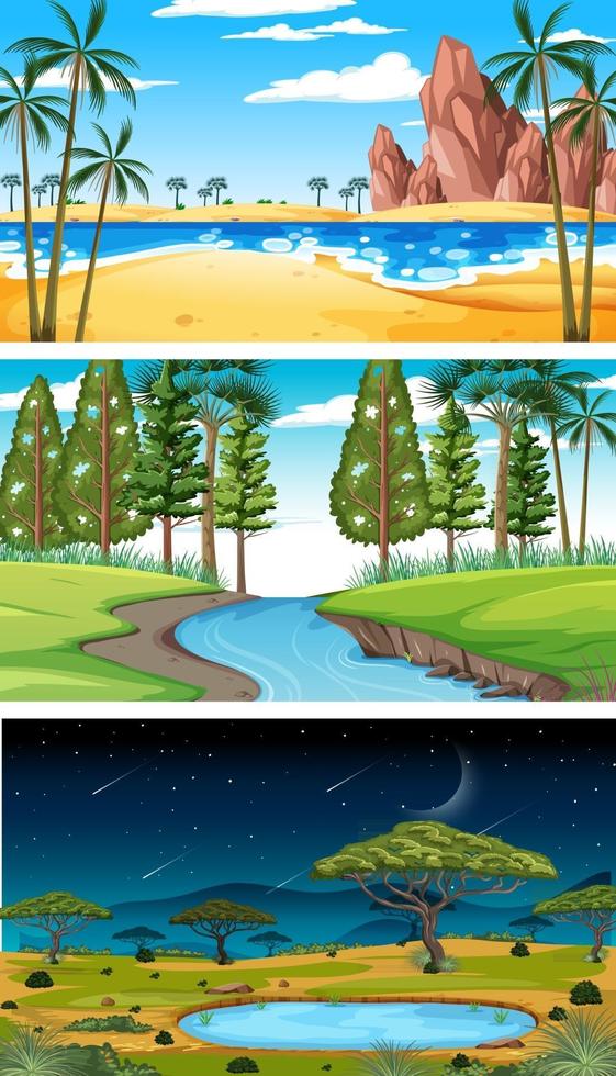 drie verschillende natuur horizontale scènes vector