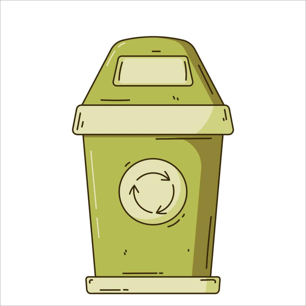 schattig recycle uitschot bak. vuilnis kan. verspilling beheer en milieu bescherming concept. tekenfilm hand- getrokken stijl. vector
