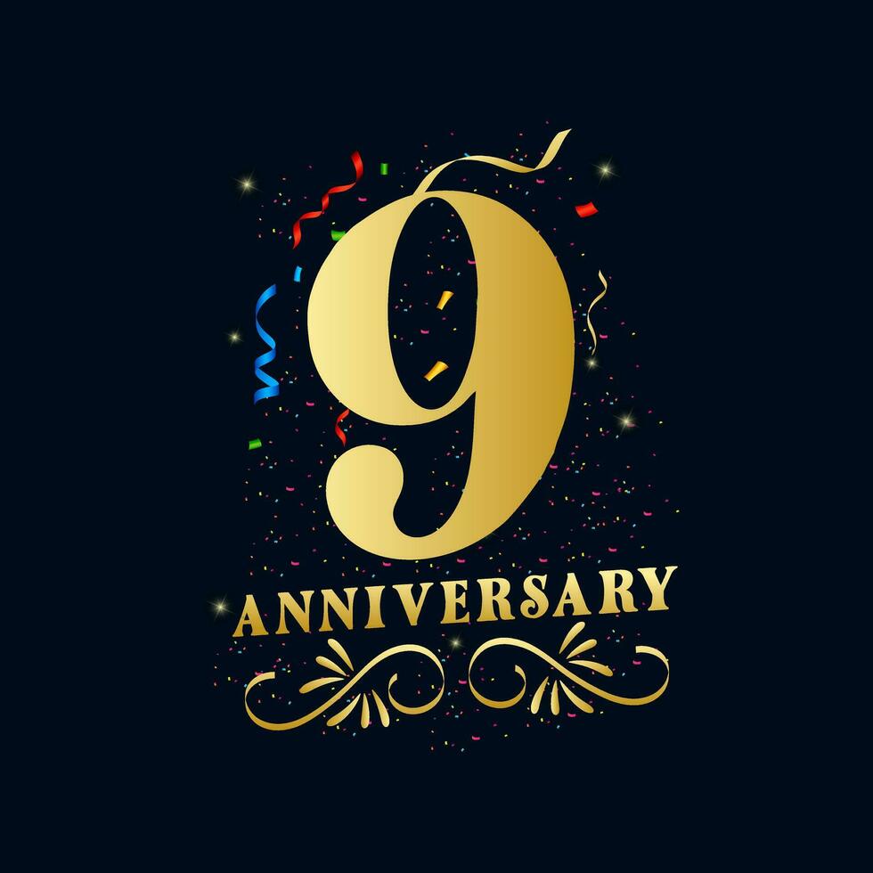 9 verjaardag luxueus gouden kleur 9 jaren verjaardag viering logo ontwerp sjabloon vector