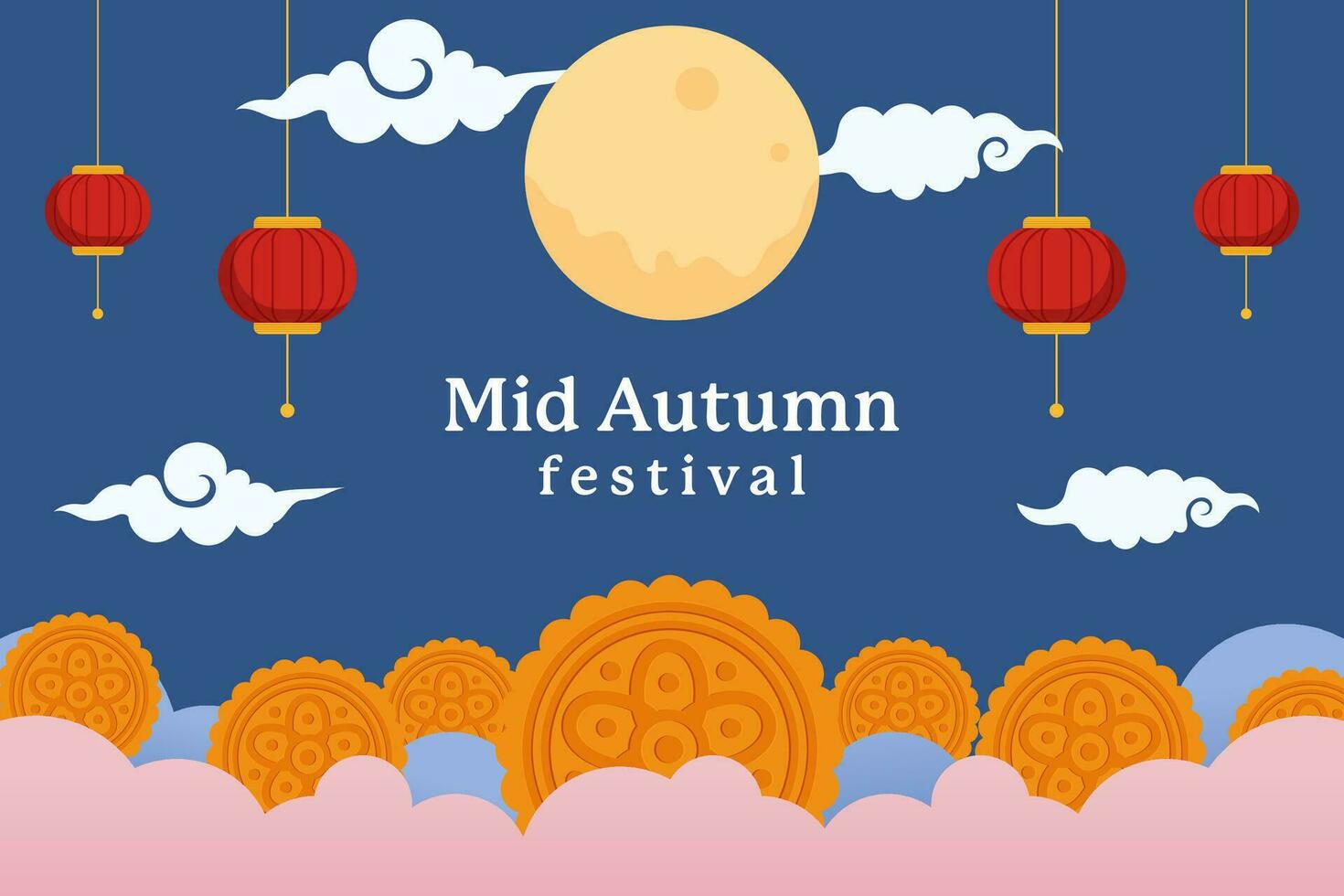 midden herfst festival achtergrond illustratie met maancake, wolk, en lantaarns vector