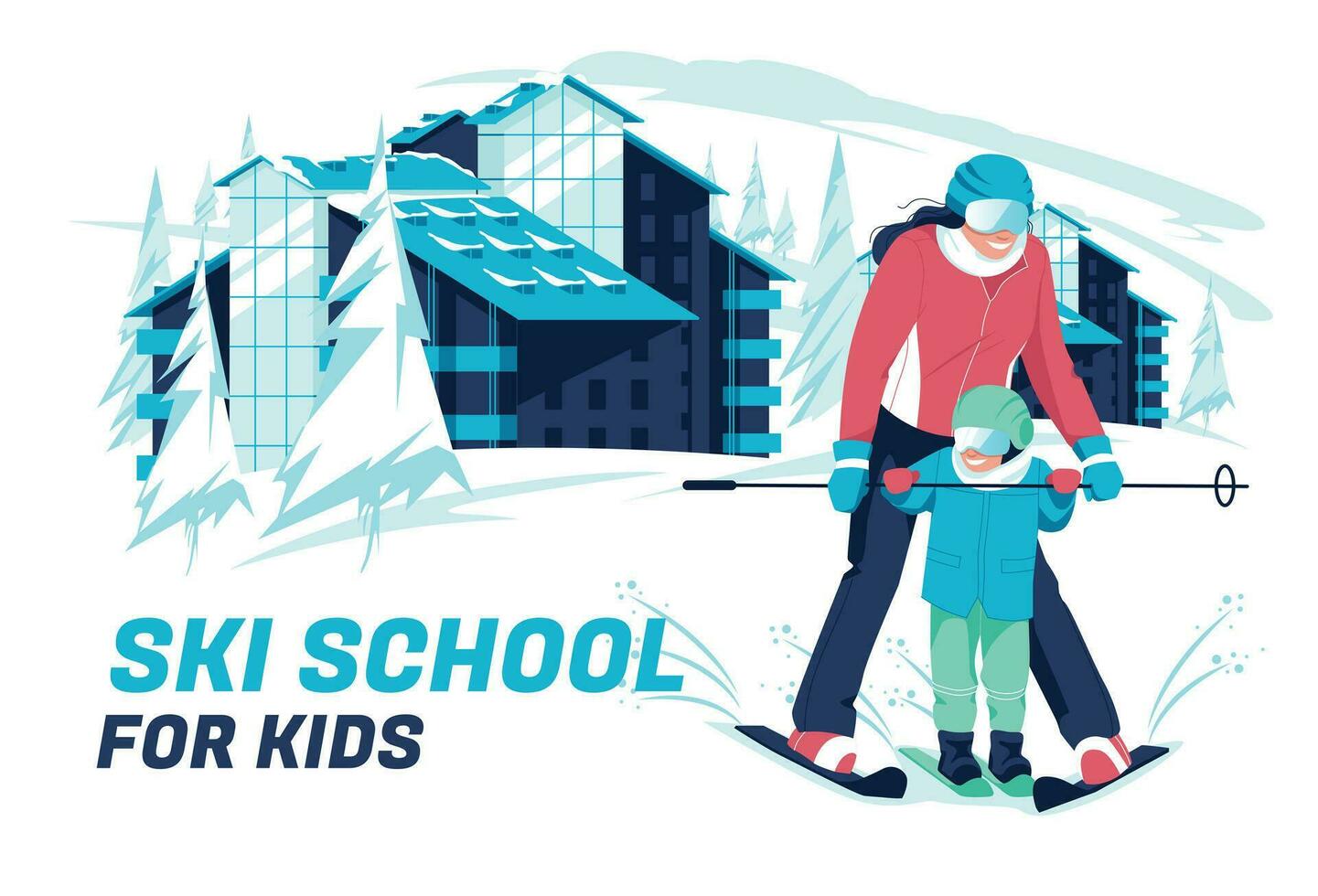 ski school- concept. een vrouw leert naar ski naar een kind tegen een winter achtergrond van een berg landschap en een hotel. vector vlak tekenfilm illustratie.