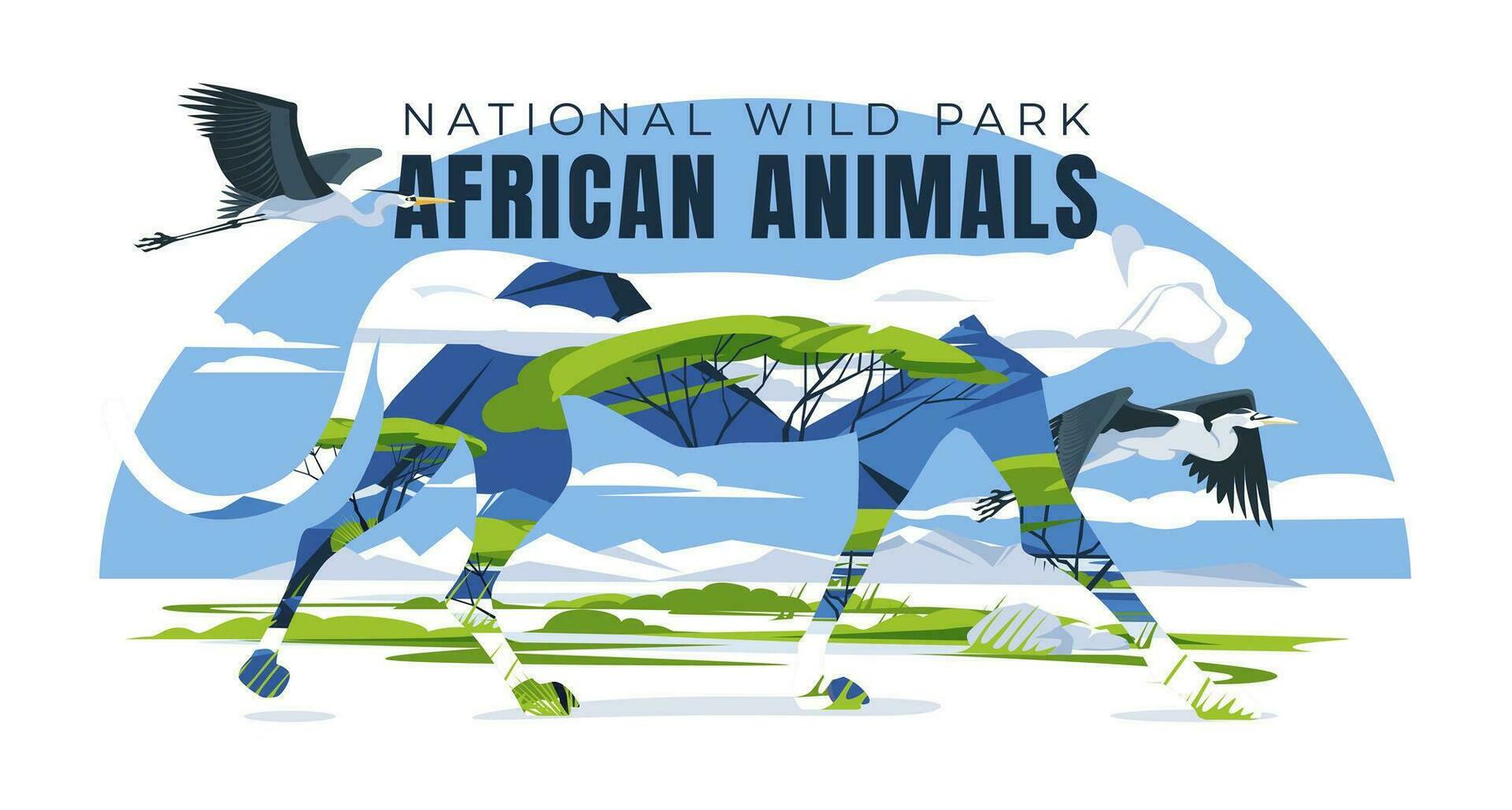 Jachtluipaard silhouet met savanne landschap en vliegend reigers. nationaal dieren in het wild park van Afrika. toerisme en reizen. vector vlak illustratie