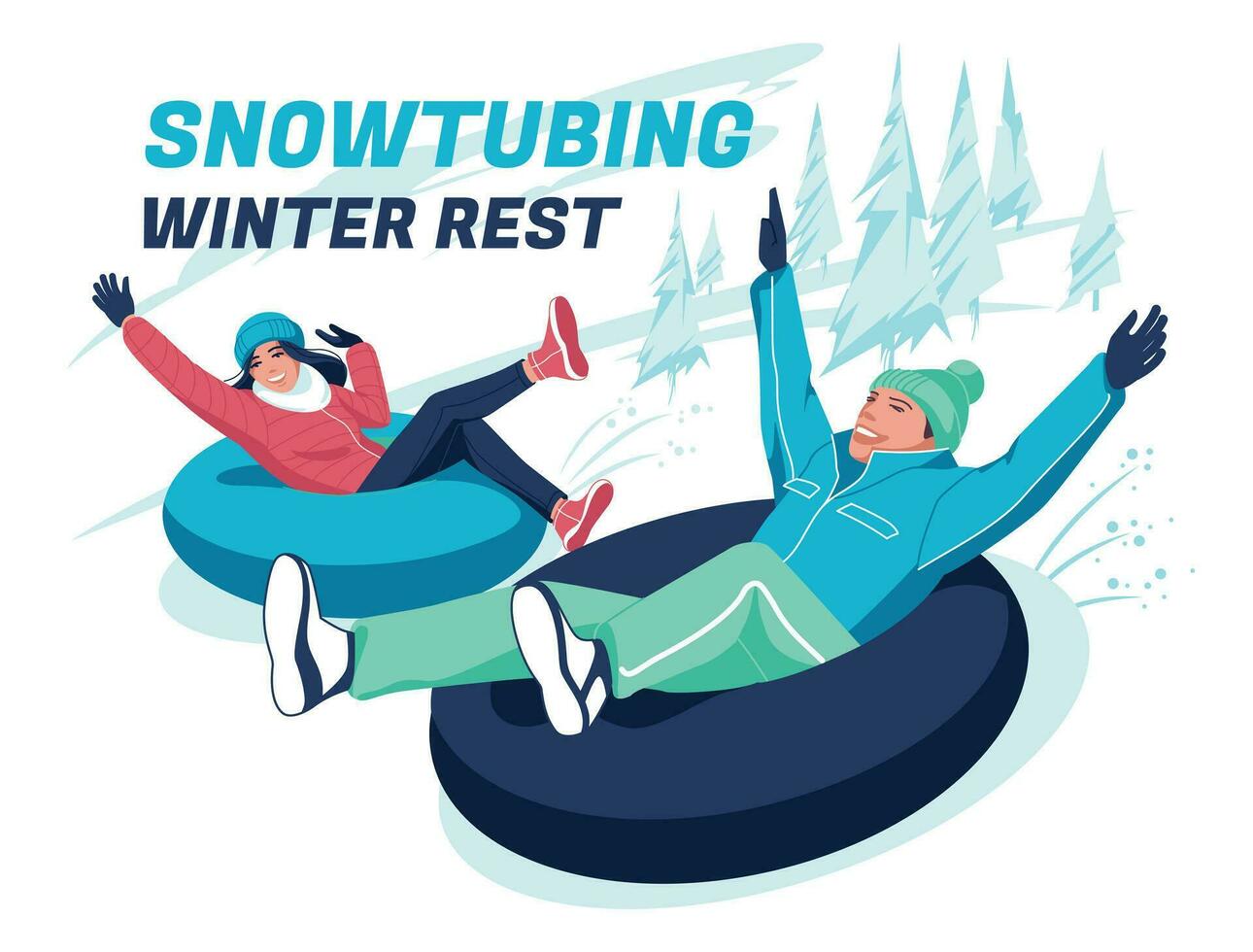 een Mens en een vrouw reed naar beneden de heuvels Aan sneeuwbuizen. gelukkig lachend. winter sport- en berg toevlucht concept. tekenfilm vlak vector illustratie.