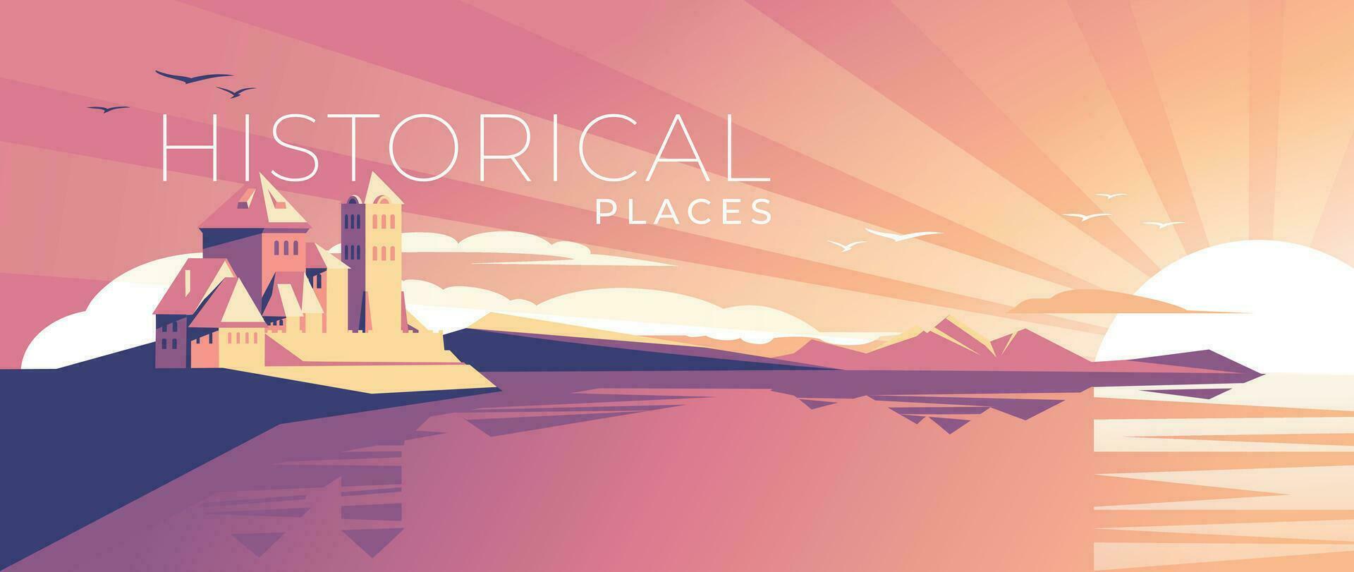 een Romeinse stijl kasteel Aan de banken van een rivier- of zee. roze en oranje horizontaal scènes. water reflectie. historisch toerisme en reizen. vector illustratie