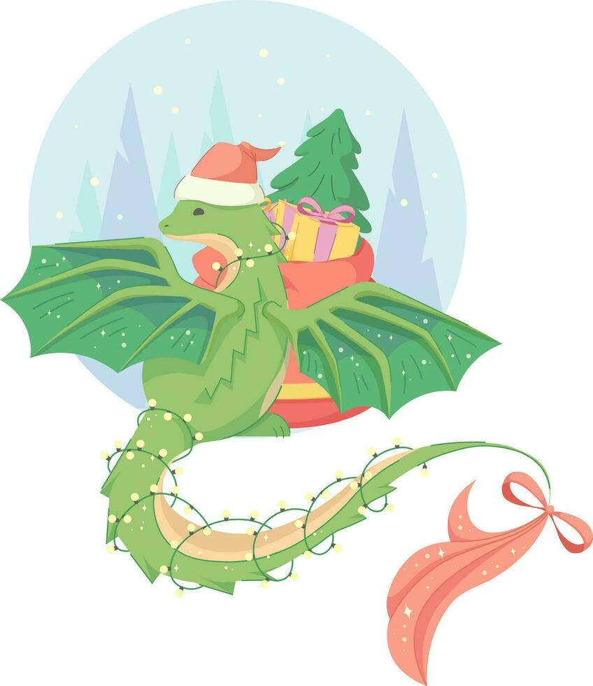 groen draak in de kerstman claus hoed met zak van cadeaus en Kerstmis boom Aan achtergrond van Kerstmis bomen en sneeuw. vector illustratie voor kinderen, vlak tekenfilm stijl met schets