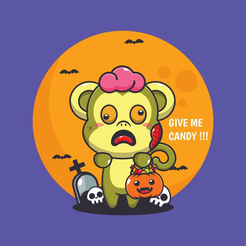 zombie aap willen snoep. schattig halloween tekenfilm illustratie. vector
