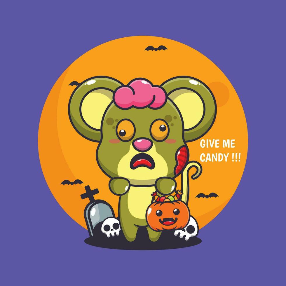 zombie muis willen snoep. schattig halloween tekenfilm illustratie. vector