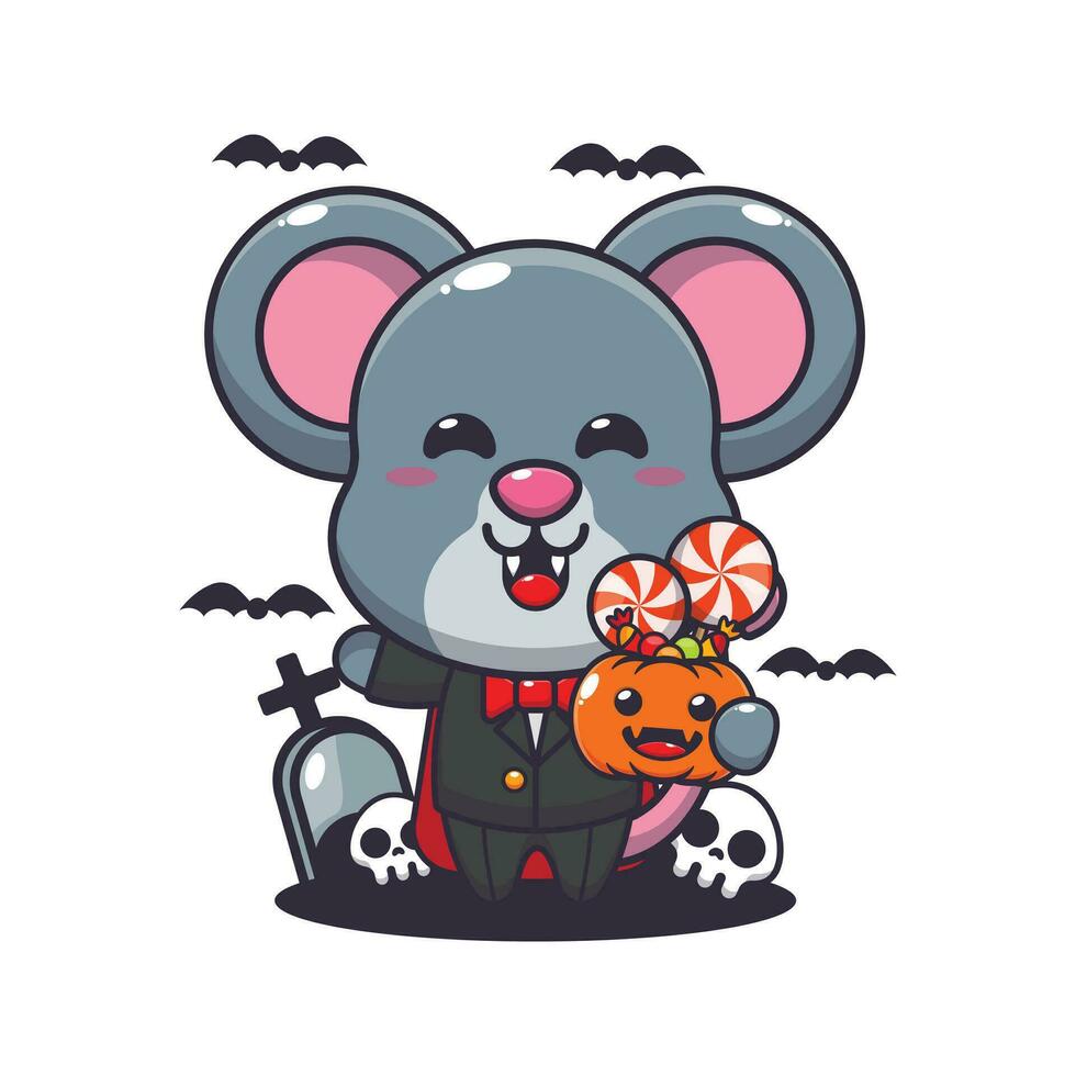 vampier muis Holding halloween pompoen. schattig halloween tekenfilm illustratie. vector