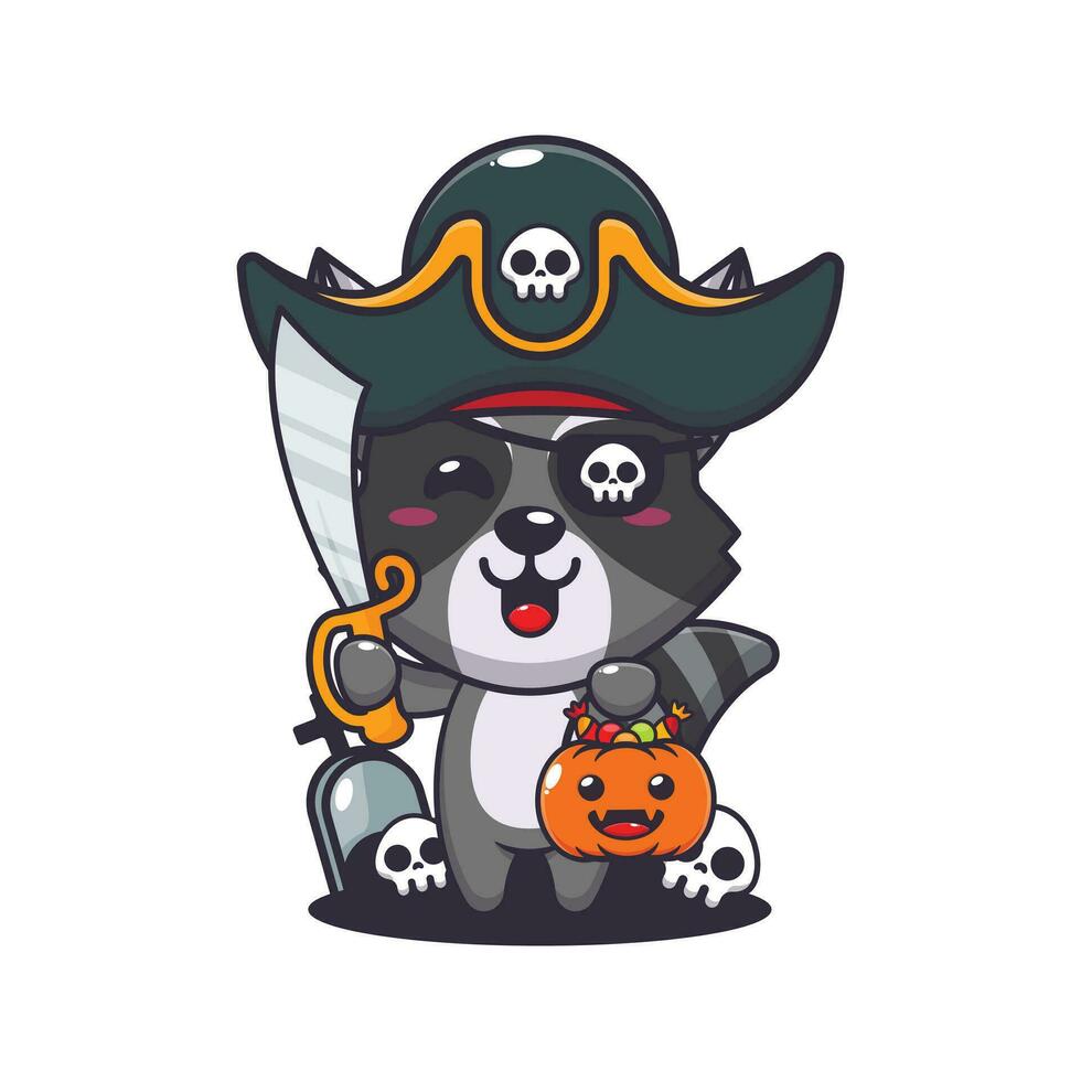 piraten wasbeer in halloween dag. schattig halloween tekenfilm illustratie. vector