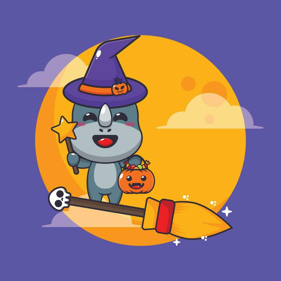 heks neushoorn vlieg met bezem in halloween nacht. schattig halloween tekenfilm illustratie. vector