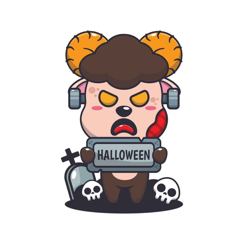 zombie RAM schapen Holding halloween groet steen. schattig halloween tekenfilm illustratie. vector