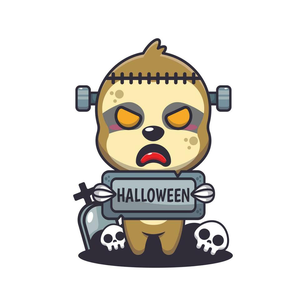 zombie luiaard Holding halloween groet steen. schattig halloween tekenfilm illustratie. vector