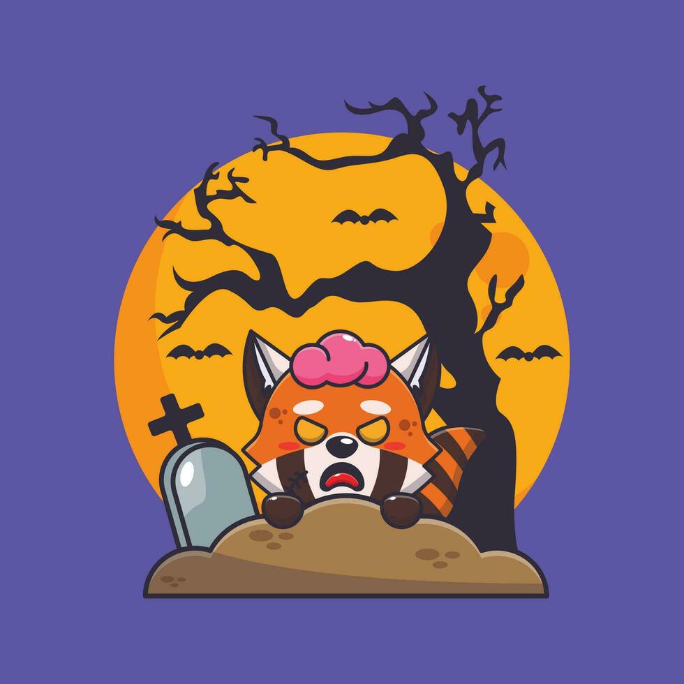 zombie rood panda stijgen van begraafplaats in halloween dag. schattig halloween tekenfilm illustratie. vector