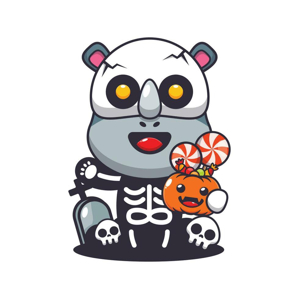 neushoorn met skelet kostuum Holding halloween pompoen. schattig halloween tekenfilm illustratie. vector