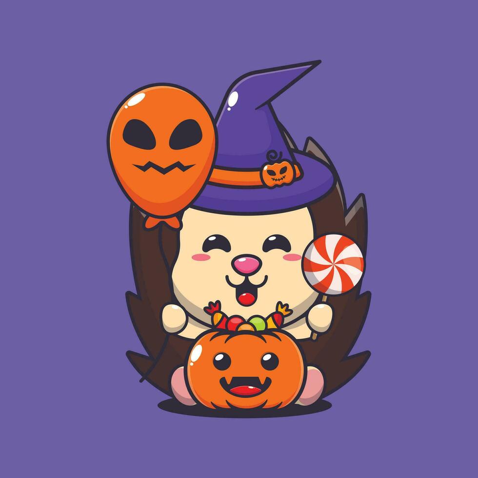 heks egel Holding halloween ballon en snoep. schattig halloween tekenfilm illustratie. vector