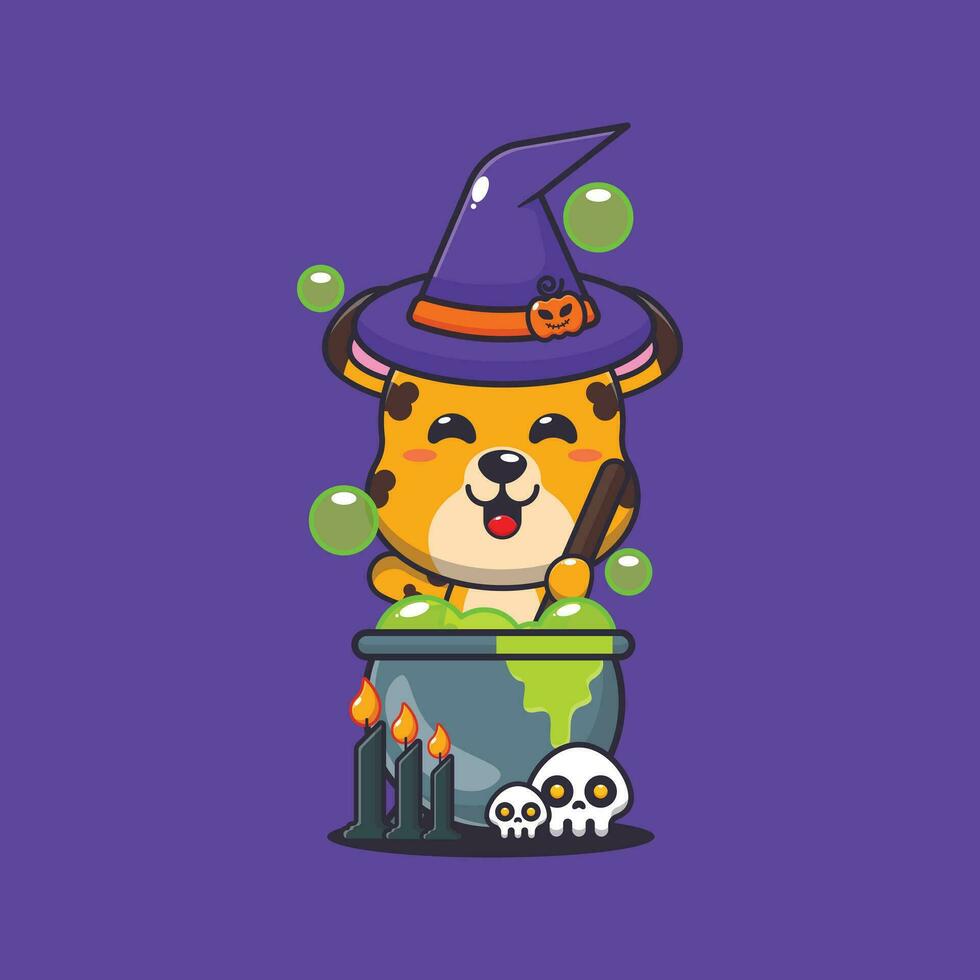 heks luipaard maken toverdrank in halloween dag. schattig halloween tekenfilm illustratie. vector